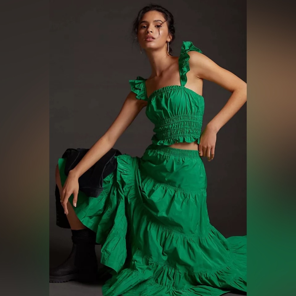 Anthropologie Maeve Green Taffeta Smocked Tank 12P + Tiered Midi Skirt 10P